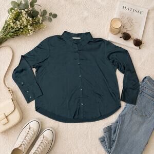 Abercrombie & Fitch Dark Green Button Front Blouse XL | Long Sleeve Career Top